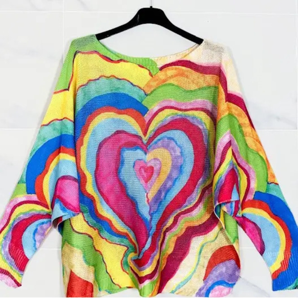 L94 Loowie Rainbow Heart Printed Knit Sweater | Round Neck | One Size S-L